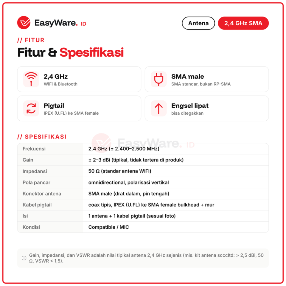 Antena WiFi Bluetooth 2.4GHz SMA Male Engsel Lipat + Kabel Pigtail IPEX U.FL ke SMA Female Bulkhead ESP32 32U