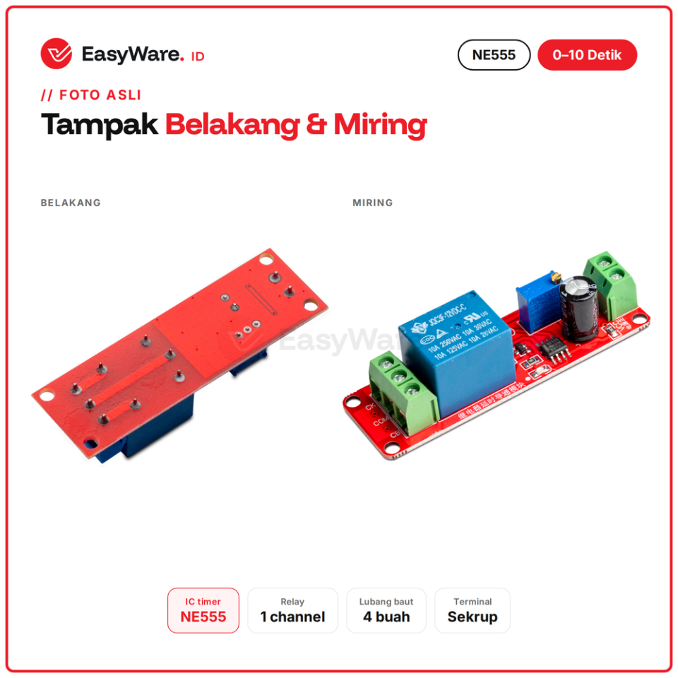 NE555 Timer Delay Relay Modul Tunda Nyala 0–10 Detik DC 12V