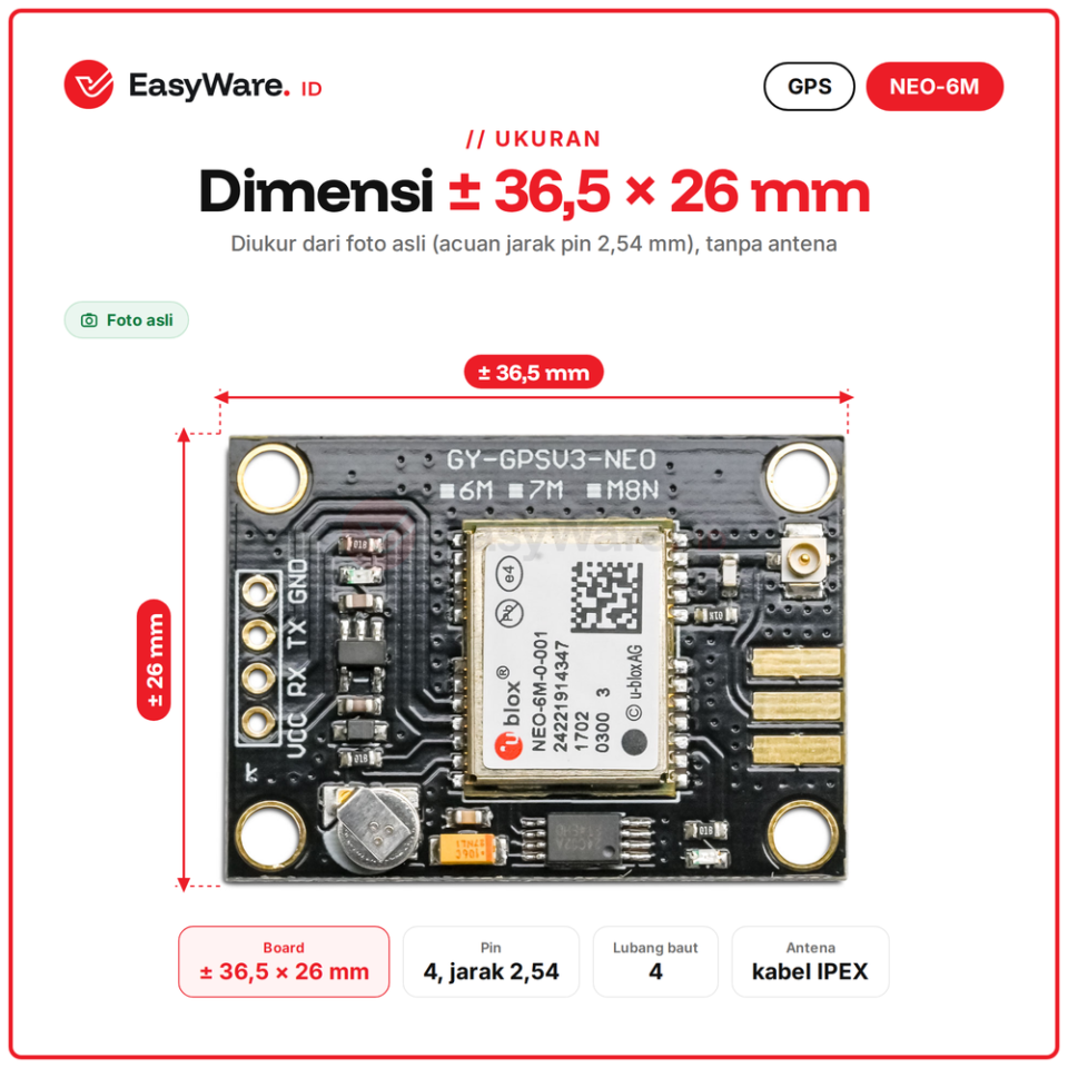 Modul GPS u-blox NEO-6M GY-GPSV3-NEO Antena Keramik IPEX UART Arduino ESP32 Pelacak Lokasi