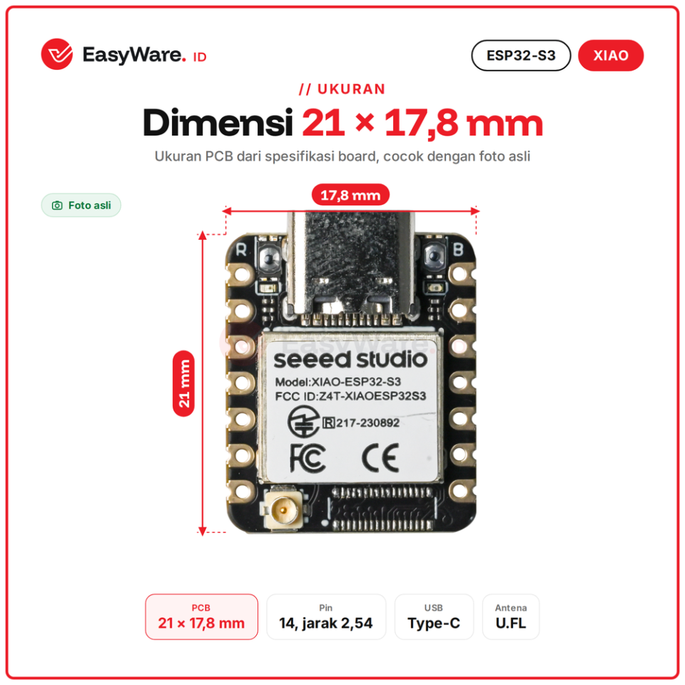 XIAO ESP32-S3 Board Mini WiFi Bluetooth 5 USB Type-C 8MB PSRAM 8MB Flash Charger Baterai Antena