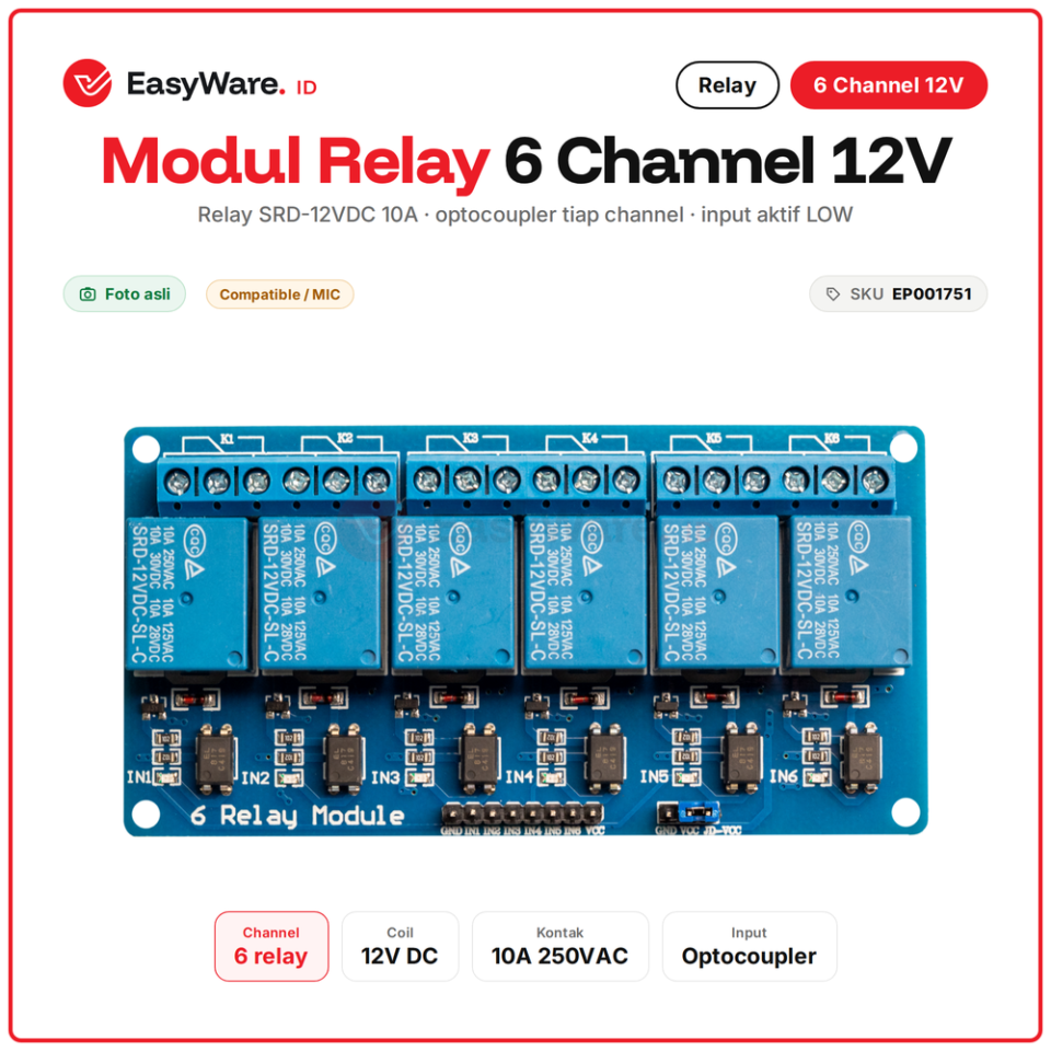 Modul Relay 6 Channel 12V Optocoupler Relay SRD 10A 250VAC Aktif Low untuk Arduino ESP32 Smart Home
