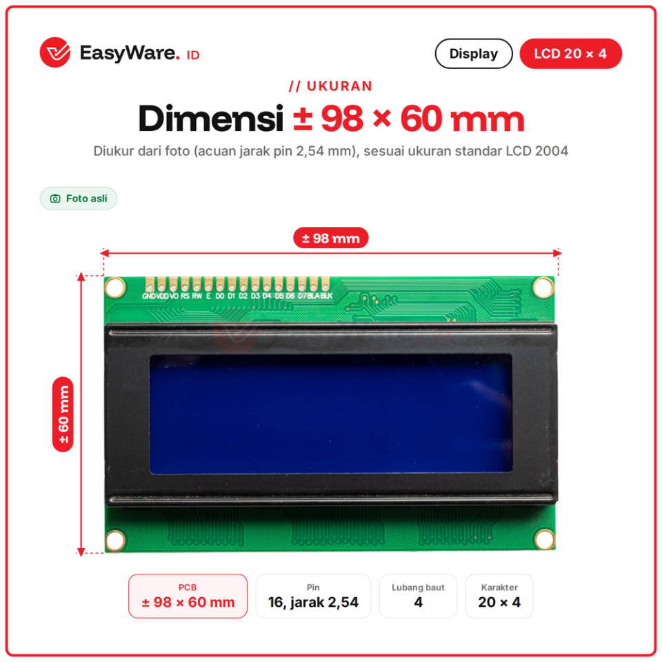 LCD 2004 20x4 Karakter HD44780 Paralel 16 Pin Display Arduino Biru Kuning Hijau 2 Varian (2 Pilihan)