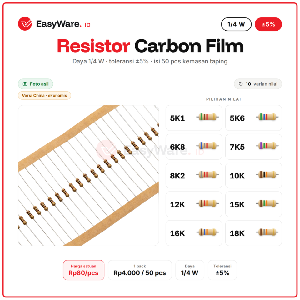 [50 PCS] Resistor Carbon Film 1/4W 5% 5K1–18K (10 Pilihan)