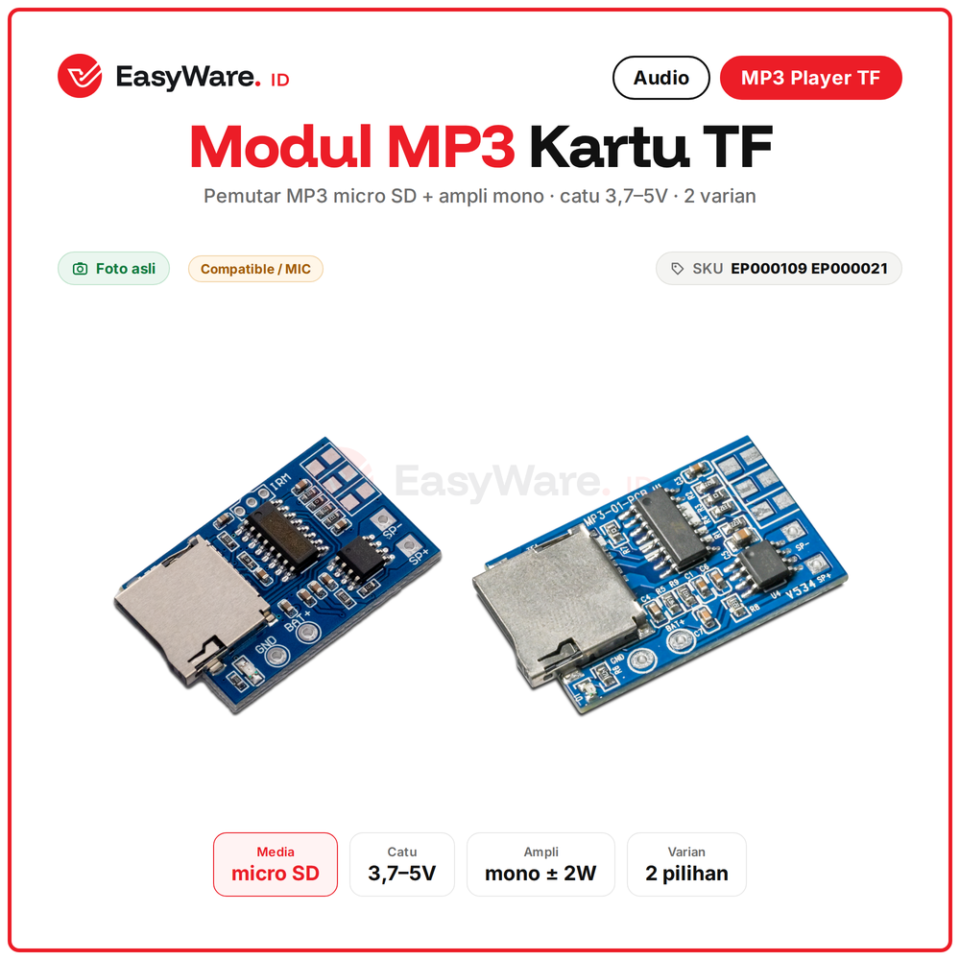 Modul MP3 Player Kartu TF Micro SD Decoder Board dengan Ampli Mono 2W 3.7-5V untuk Bel Mainan Speaker DIY (2 Pilihan)