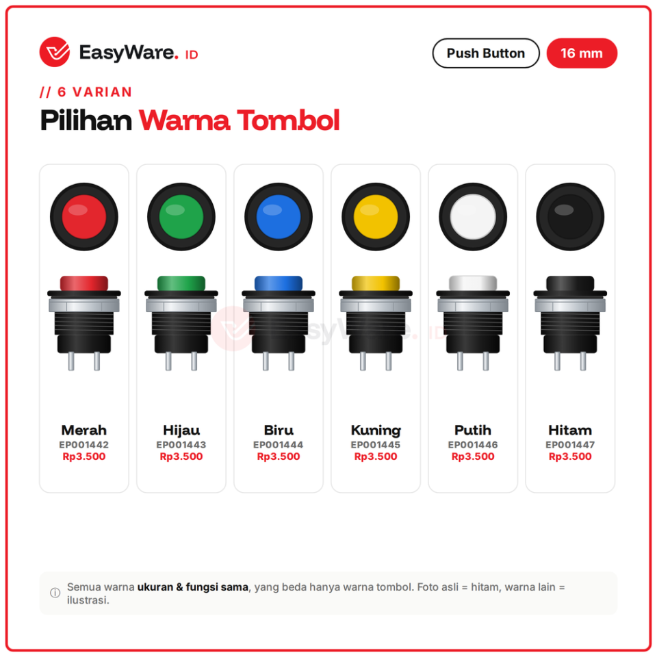 Push Button 16mm R13-507 Momentary 2 Pin Mur Logam Tombol Tekan Panel Merah Hijau Biru Kuning Putih Hitam 3A 250V (6 Pilihan)