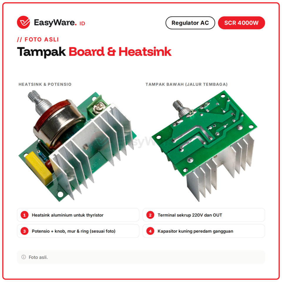 Regulator Tegangan AC SCR 4000W 220V Dimmer Pengatur Kecepatan Motor Heater Board Heatsink Knob