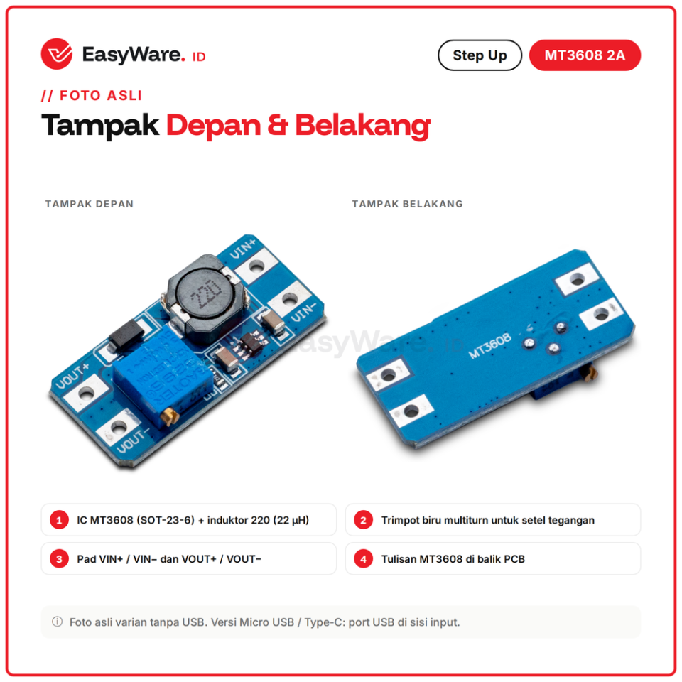 Modul Step Up MT3608 2A DC DC Boost Converter Penaik Tegangan 5V 9V 12V 24V Micro USB Type C (3 Pilihan)