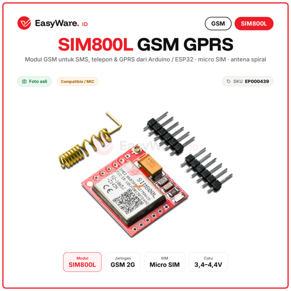 Modul GSM GPRS SIM800L Quad Band Micro SIM 2G SMS Telepon Arduino ESP32 Antena Spiral