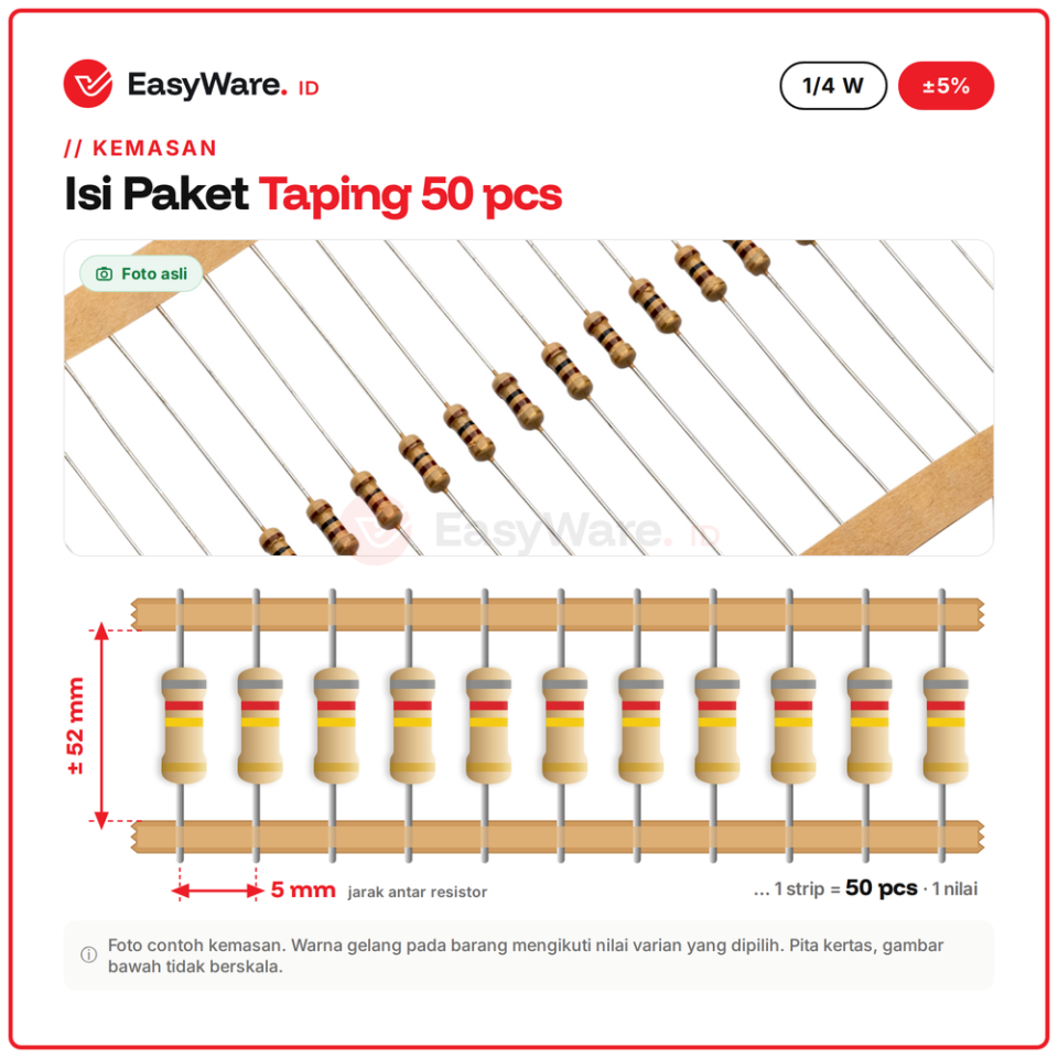 [50 PCS] Resistor Carbon Film 1/4W 5% 390K–4M7 & 3R3 (11 Pilihan)