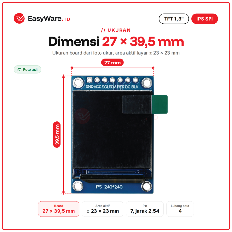 LCD TFT IPS 1.3 inch 240x240 ST7789 SPI 7 Pin Display Warna 65K Layar ESP32 Arduino