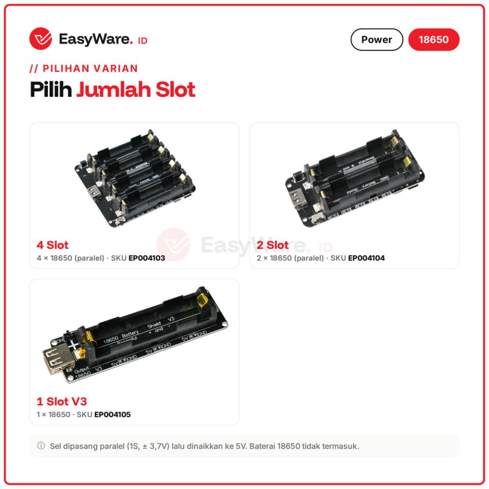 18650 Battery Shield Power Bank Board 4 Slot 2 Slot 1 Slot V3 Output 5V 3V USB Arduino ESP32 (3 Pilihan)