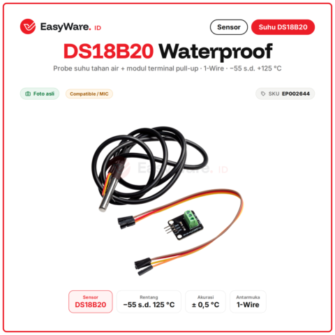 Sensor Suhu DS18B20 Waterproof Probe Stainless dengan Modul Terminal Pull-up dan Kabel Jumper untuk Arduino ESP32