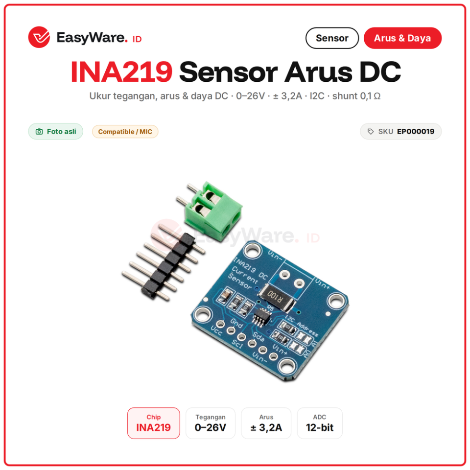 Modul INA219 Sensor Arus DC Tegangan dan Daya I2C 0-26V 3.2A Shunt 0.1 Ohm untuk Arduino ESP32 Monitor Baterai