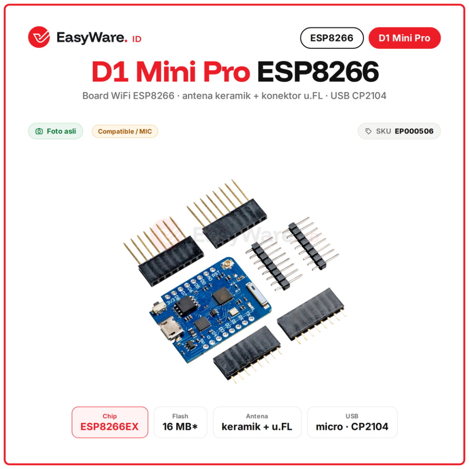 D1 Mini Pro ESP8266 WiFi Board Antena Keramik dan Konektor u.FL Antena Eksternal CP2104 Micro USB IoT