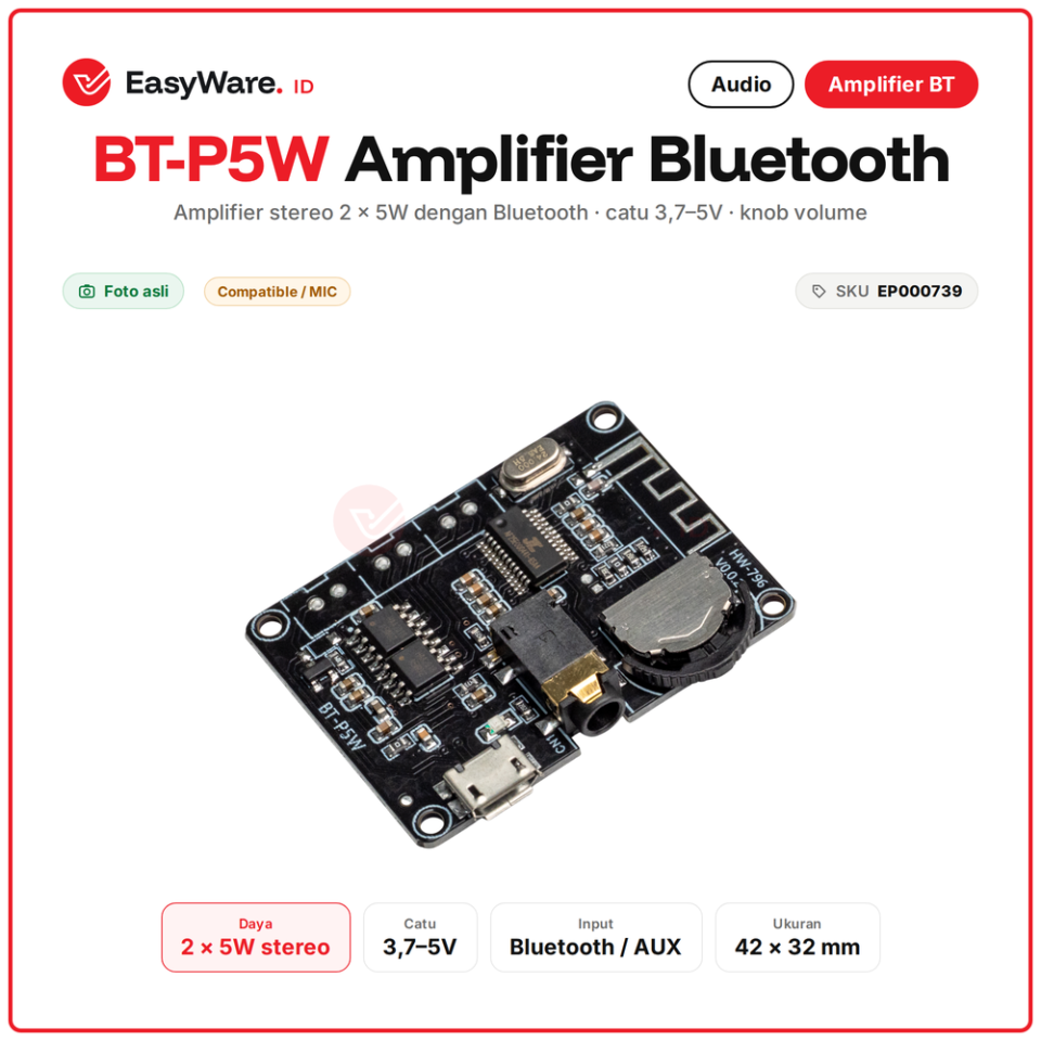 Modul Amplifier Bluetooth BT-P5W 2x5W Stereo 3.7-5V Micro USB AUX HW-796 Speaker DIY