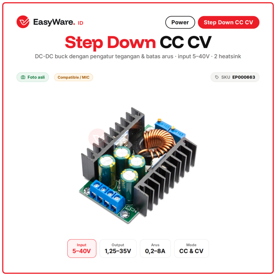 Modul Step Down DC-DC CC CV Buck Converter 8A Adjustable Tegangan dan Batas Arus Input 5-40V Output 1.25-35V