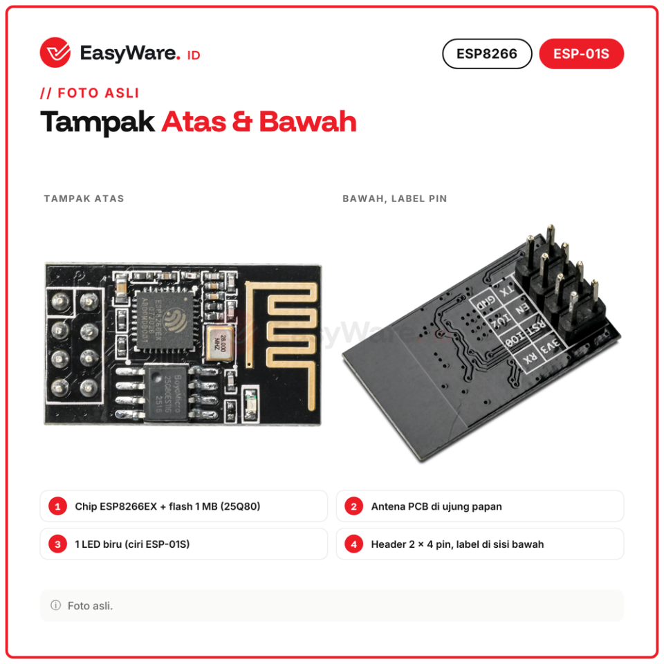 Modul WiFi ESP-01S ESP8266 Serial Wireless Transceiver Flash 1MB 8 Pin 3,3V IoT Arduino AT Command