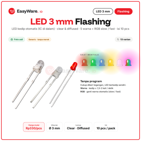 [10 PCS] LED 3mm Flashing Blink Kedip Otomatis Clear Diffused Merah Hijau Biru Kuning Putih RGB Slow Fast