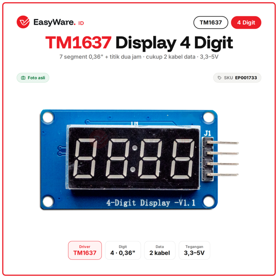 TM1637 Modul Display 7 Segment 4 Digit 0.36" Titik Dua Jam
