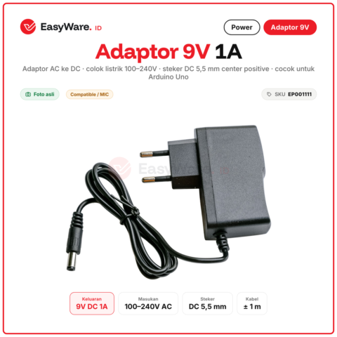 Adaptor 9V 1A DC Jack 5.5mm Center Positive Power Supply Input 100-240V untuk Arduino Uno Mega