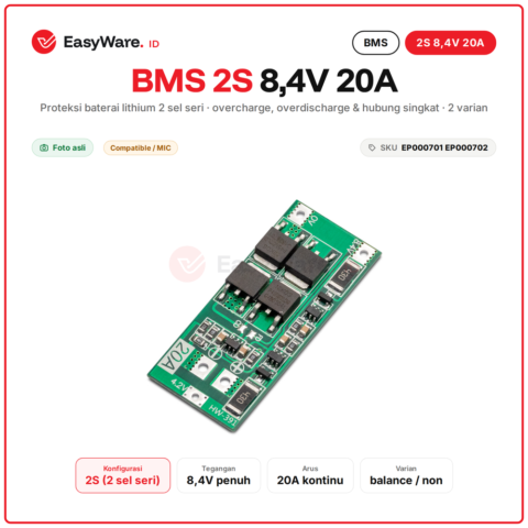 BMS 2S 20A 8.4V Protection Board Baterai Lithium 18650 7.4V HW-391 Balance HW-392 Non Balance