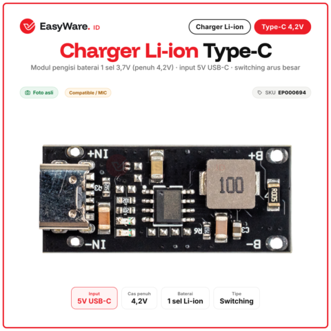 Modul Charger Baterai Lithium 1 Sel 4.2V Type-C 5V Switching Arus Besar 18650 Li-ion Li-Po