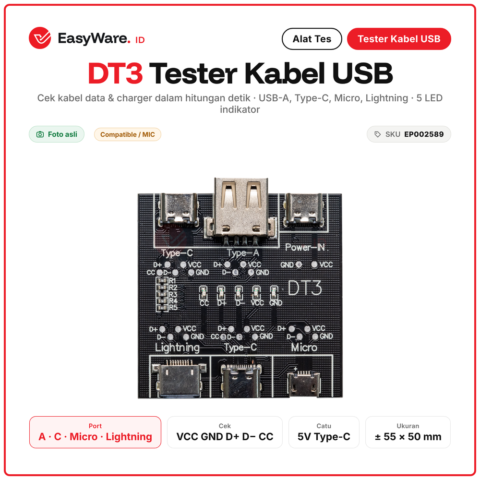 Tester Kabel Data USB DT3 Type-C Lightning Micro USB Type-A Cek Kabel Putus Short Charge Only