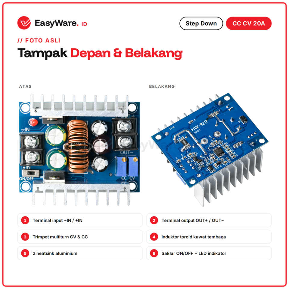 Step Down DC DC CC CV 300W 20A Adjustable Buck Converter Input 6-40V Output 1.2-36V Atur Tegangan Arus Cas Aki