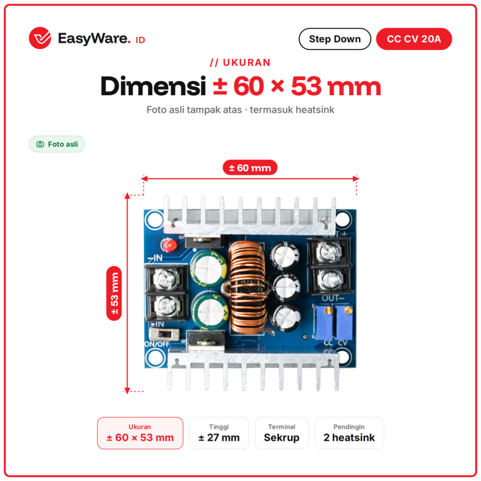 Step Down DC DC CC CV 300W 20A Adjustable Buck Converter Input 6-40V Output 1.2-36V Atur Tegangan Arus Cas Aki
