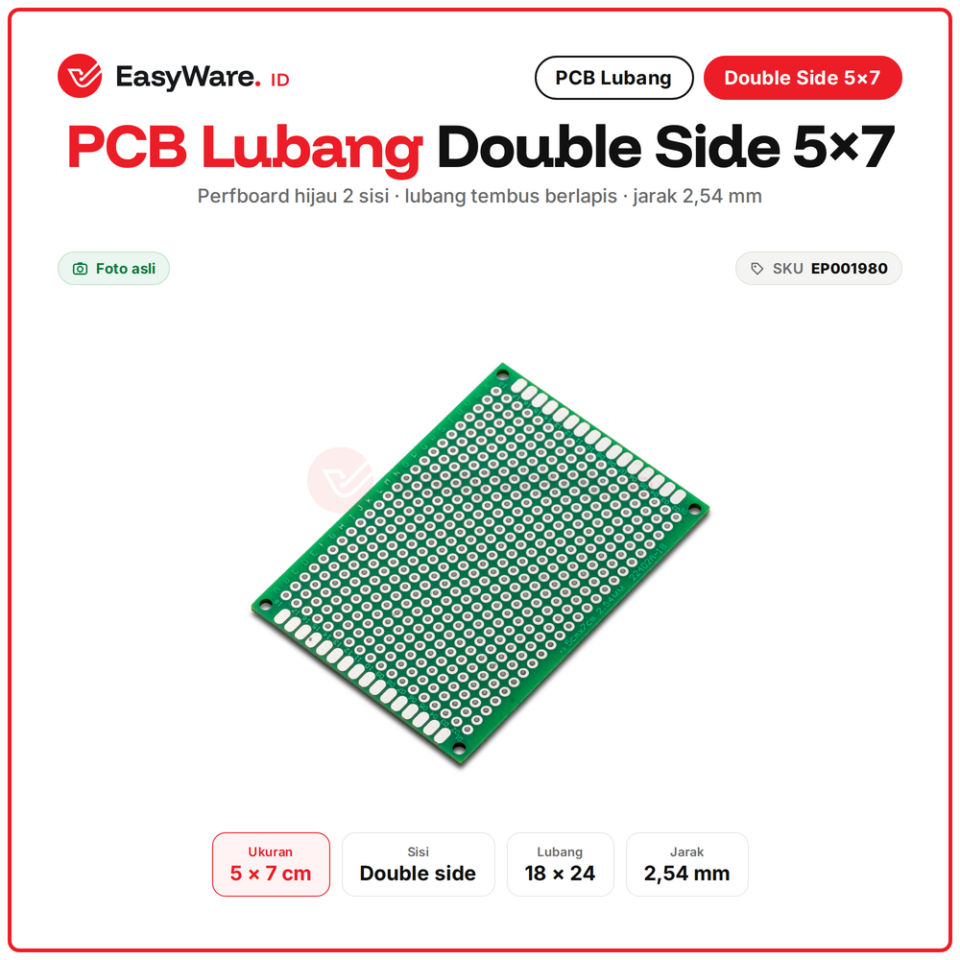 PCB Lubang Double Side 5x7 cm Perfboard Hijau PTH Matrix Board 2.54mm 18x24 Lubang untuk Prototipe Rangkaian