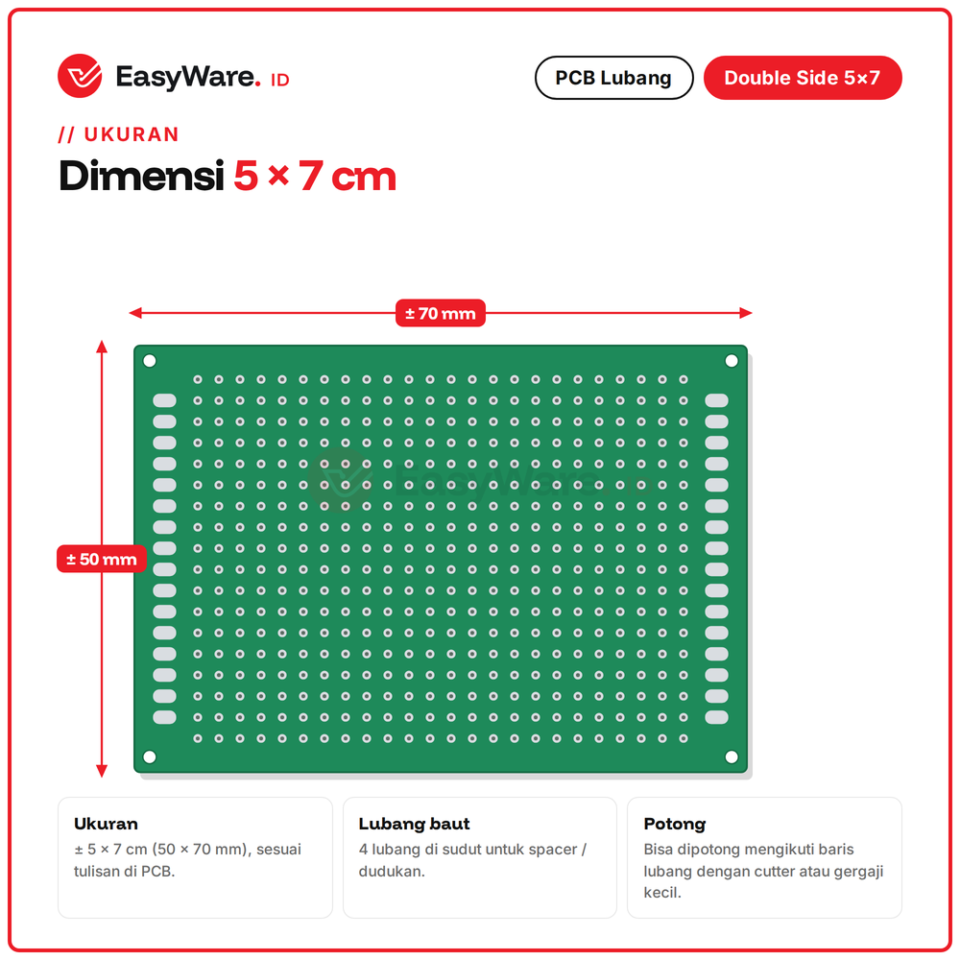 PCB Lubang Double Side 5x7 cm Perfboard Hijau PTH Matrix Board 2.54mm 18x24 Lubang untuk Prototipe Rangkaian