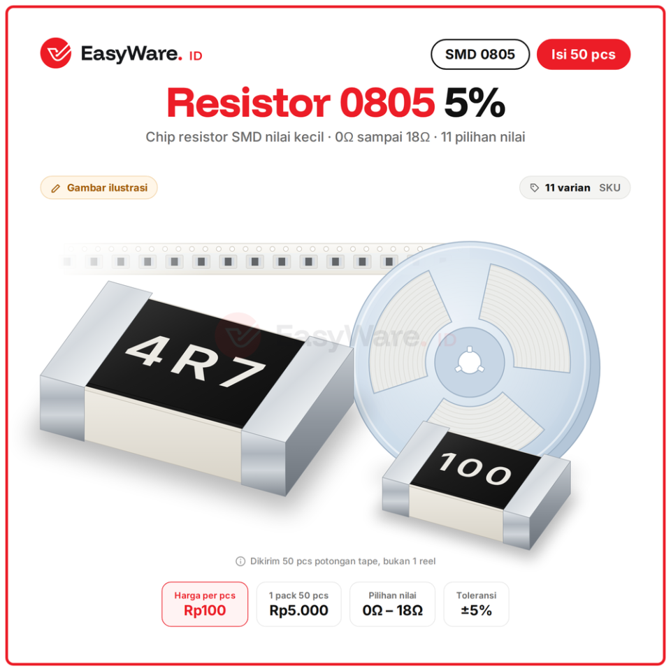 [50 PCS] Resistor 0805 0R 1R 1R5 2R2 3R3 4R7 5R6 10R 12R 16R 18R Chip Resistor SMD 0805 5% 1 Ohm 1.5 Ohm (11 Pilihan)