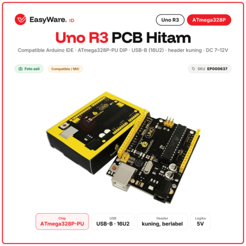 Board Uno R3 PCB Hitam Header Kuning ATmega328P-PU DIP USB ATmega16U2 Compatible Arduino IDE