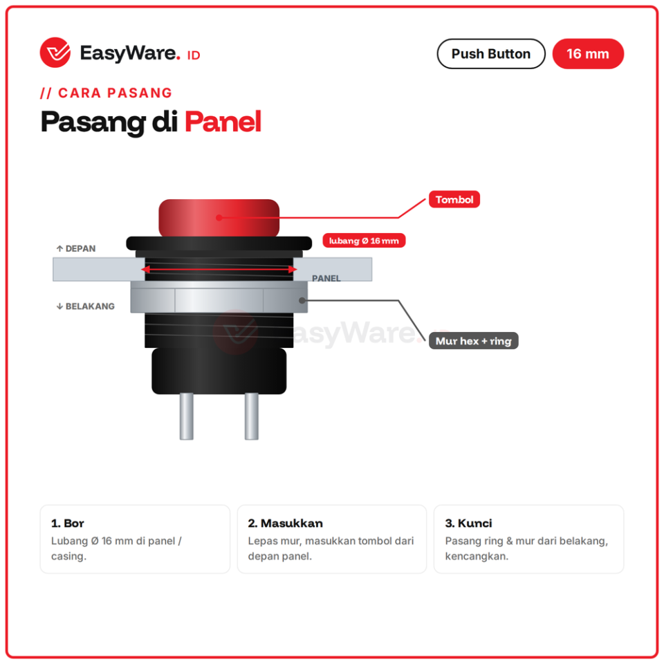 Push Button 16mm R13-507 Momentary 2 Pin Mur Logam Tombol Tekan Panel Merah Hijau Biru Kuning Putih Hitam 3A 250V (6 Pilihan)