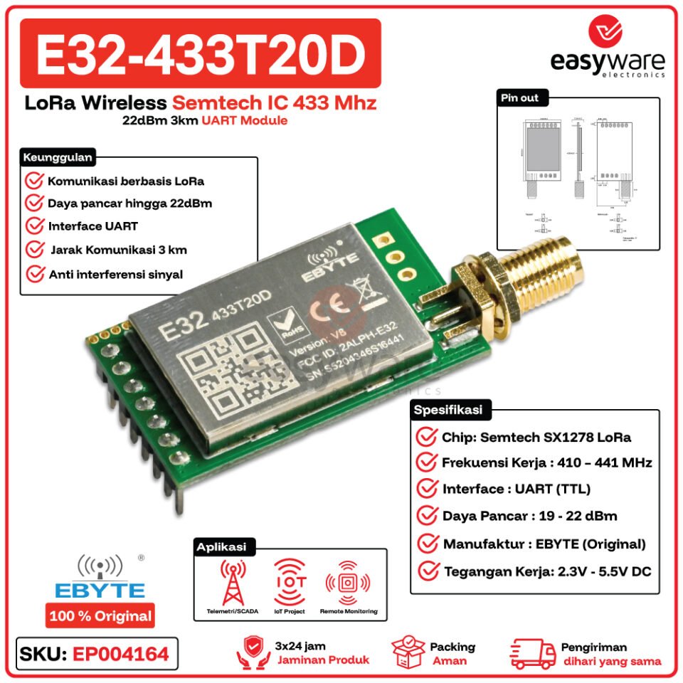 EBYTE E32-433T20D Modul LoRa Semtech SX1278 433MHz 22dBm UART 3km