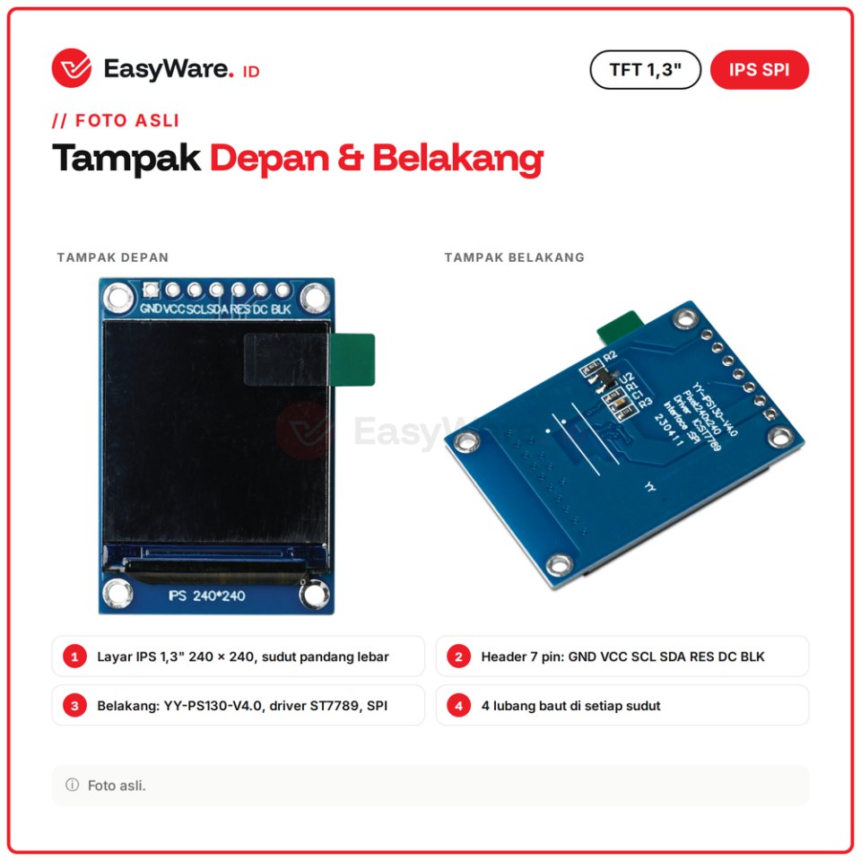 LCD TFT IPS 1.3 inch 240x240 ST7789 SPI 7 Pin Display Warna 65K Layar ESP32 Arduino