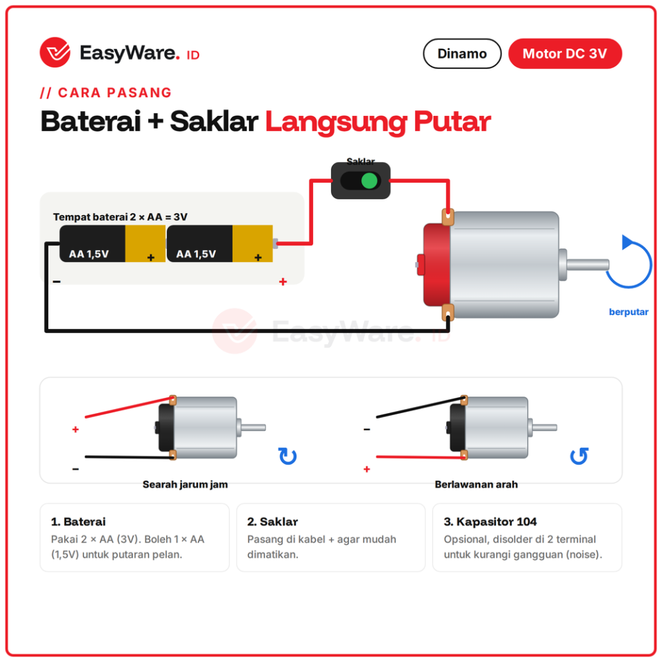 Dinamo 3V DC Motor Dynamo Toys Tipe 130 19000 30000 RPM Mainan Mobil Kipas Robot Arduino Putih Hitam Merah (3 Pilihan)