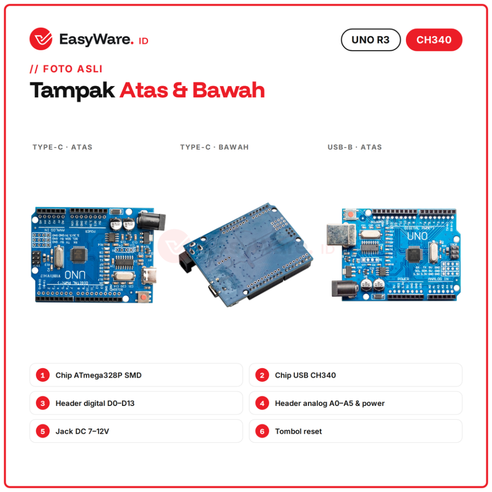 Arduino Uno R3 Compatible CH340 Type-C / USB-B (2 Pilihan)