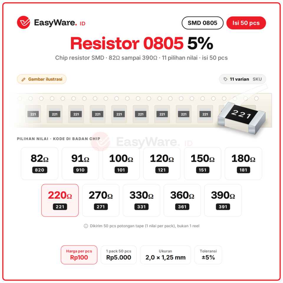 [50 PCS] Resistor SMD 0805 5% 82R 91R 100R 120R 150R 180R 220R 270R 330R 360R 390R (11 Pilihan)