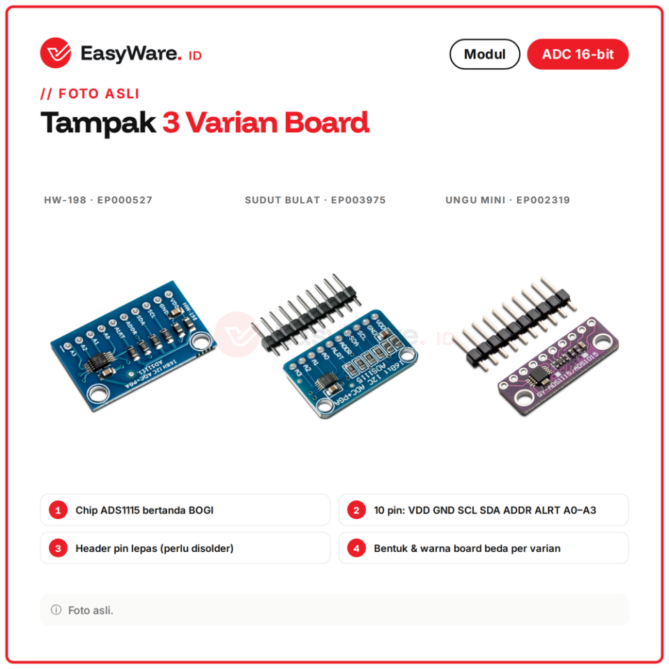 Modul ADS1115 ADC 16 Bit I2C 4 Channel PGA Programmable Gain untuk Arduino ESP32 Raspberry Pi Pilihan Biru Ungu (3 Pilihan)