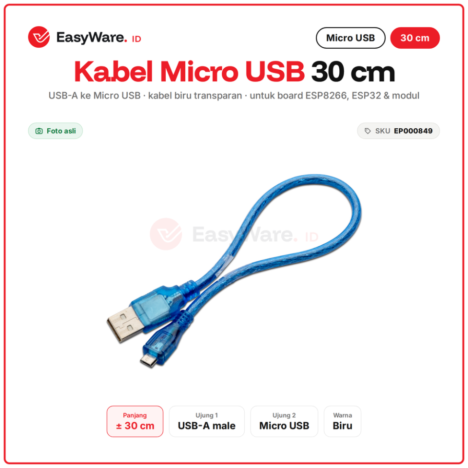 Kabel USB-A ke Micro USB 30 cm untuk NodeMCU & ESP32