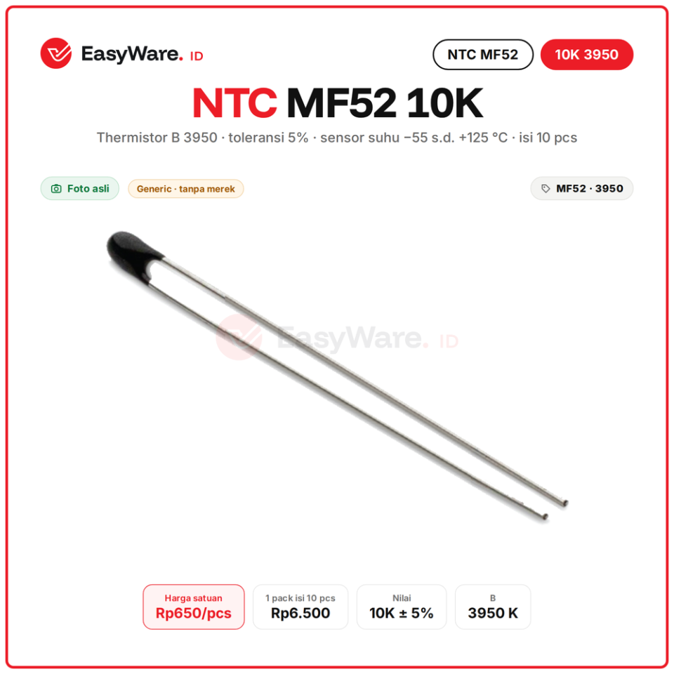 NTC Thermistor MF52 10K B3950 5% Isi 10 pcs Sensor Suhu