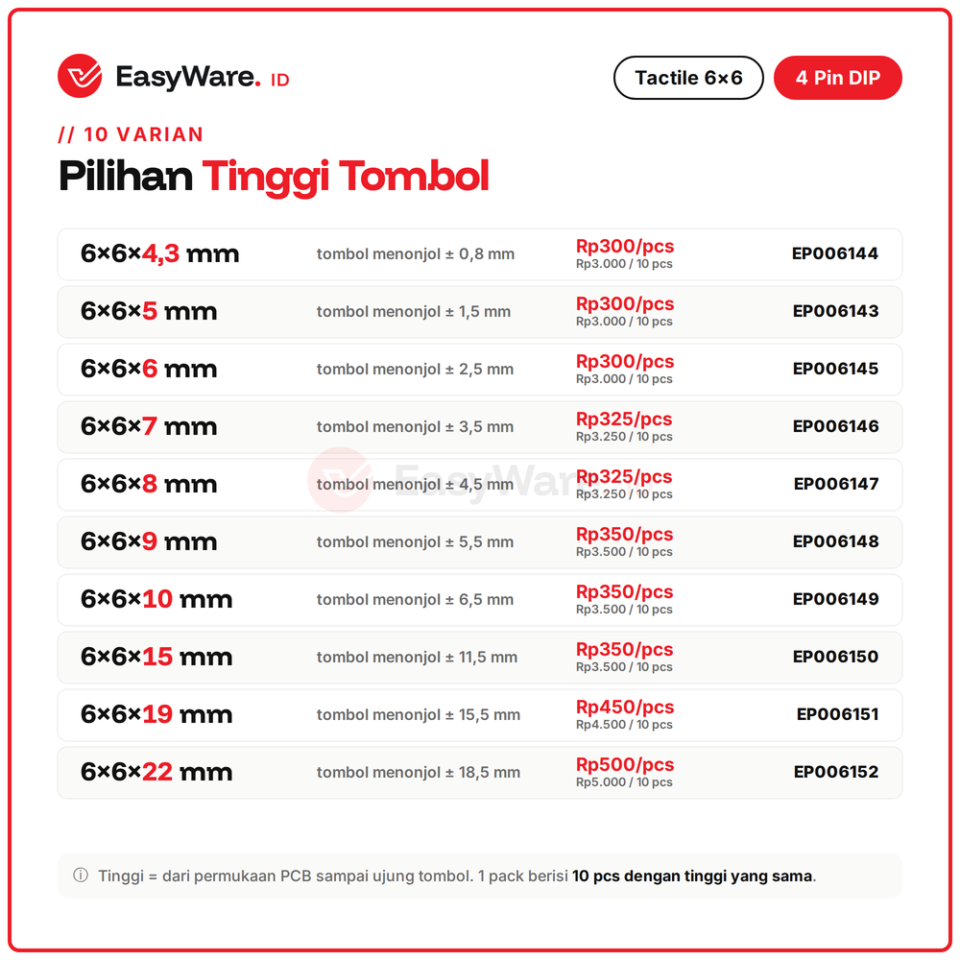 [10 PCS] Tactile Switch 6x6 DIP 4 Pin Tinggi 4,3–22 mm (10 Pilihan)