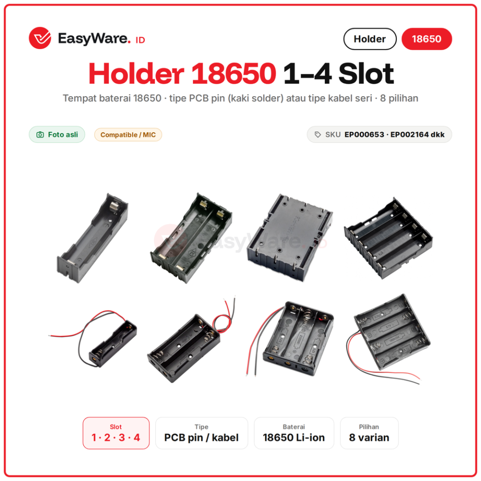 Battery Holder 18650 1 2 3 4 Slot PCB Pin dan Kabel Seri Tempat Baterai 18650 Box Baterai Li-ion (8 Pilihan)