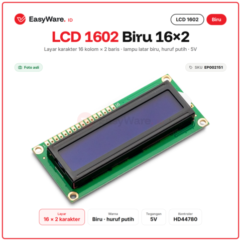 LCD 1602 Biru 16x2 Karakter HD44780 5V untuk Arduino
