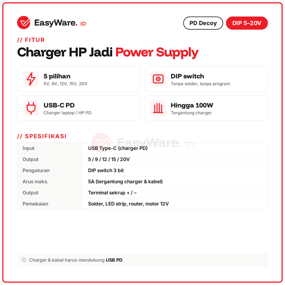 USB-C PD Decoy DIP Switch 5V-20V Output Terminal