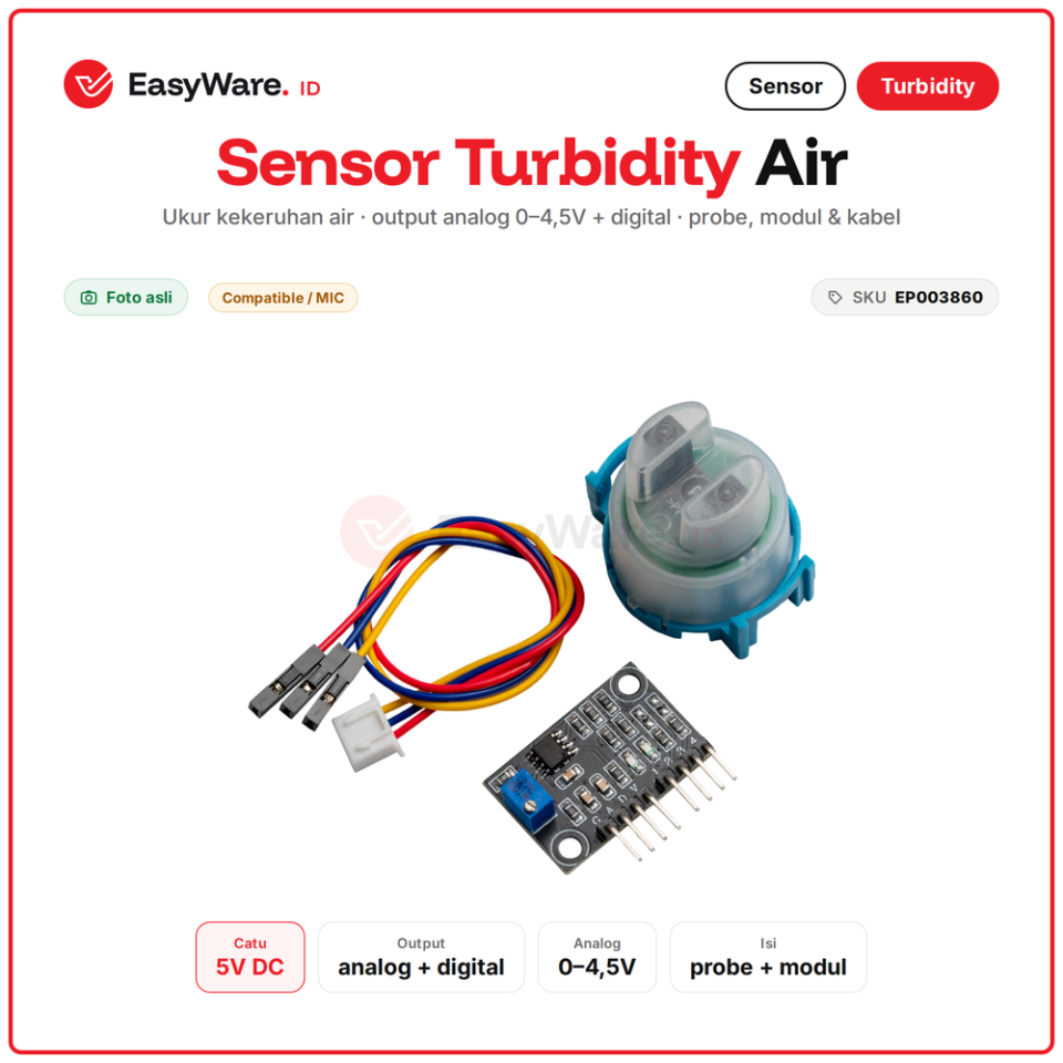 Sensor Turbidity Kekeruhan Air Modul Analog Digital 5V dengan Probe dan Kabel untuk Arduino ESP32 Akuarium Kualitas Air