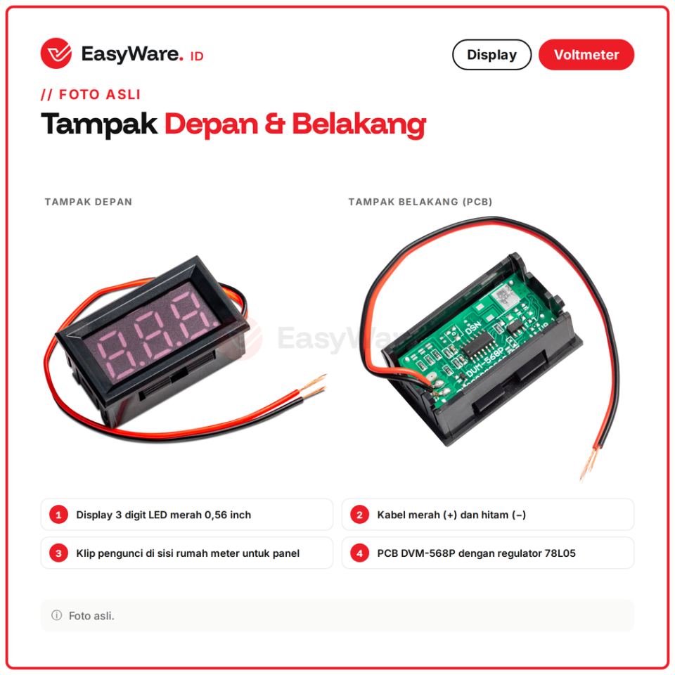 Voltmeter Digital DC 4.5-30V 2 Kabel 0.56 Inch LED Merah Panel Meter Tegangan Aki Baterai