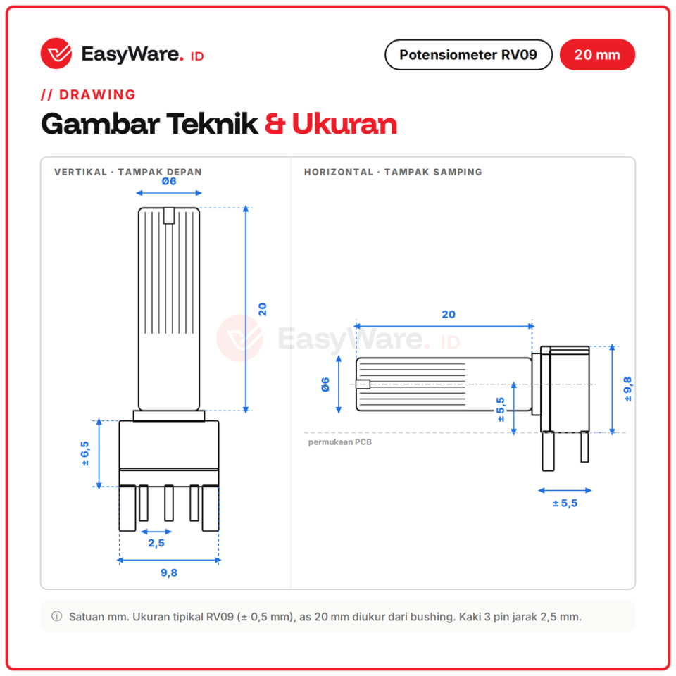 [5 PCS] Potensiometer RV09 20mm Vertical Horizontal 1K 2K 5K 10K 20K 50K 100K Potensio Resistor Variabel Arduino (14 Pilihan)
