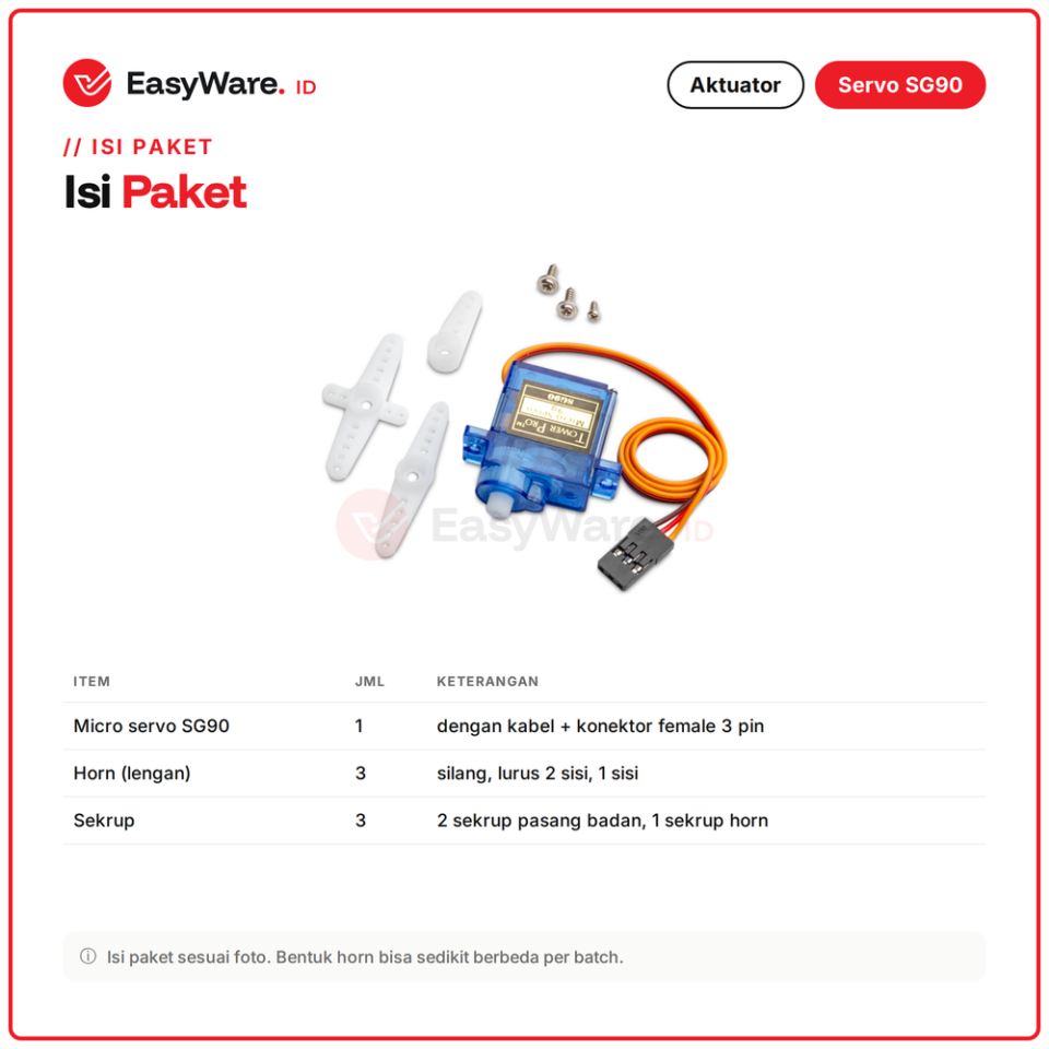 Micro Servo SG90 9g Motor Servo Mini 180 Derajat Torsi 1,8 kg cm Lengkap Horn Sekrup untuk Arduino Robot RC